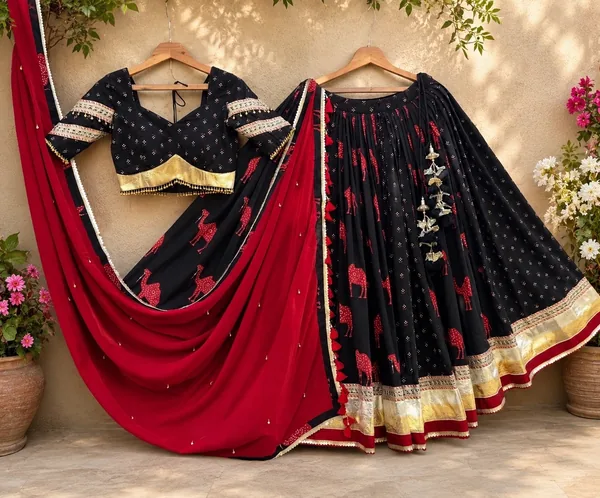 Black & Red Mul Cotton & Crepe Silk dupatta Chaniya Choli