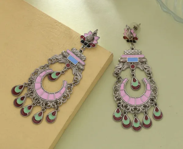 Lotus inspired Meena work oxidized Earrings