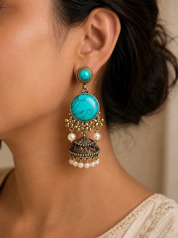 Oxidized Silver Antique Pear Cut Monalisa Charm Earrings