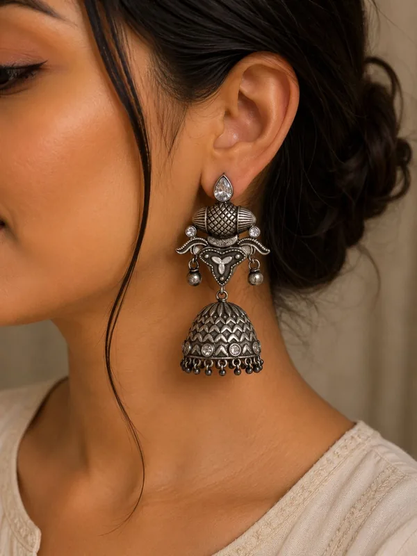 Oxidized Silver Stones jumka Earrings
