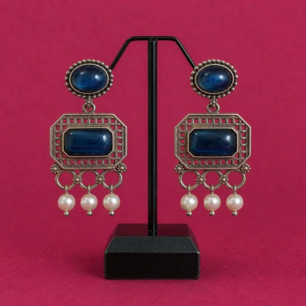 Oxidized Silver Pearl Drop Statement Earrings with Stones
