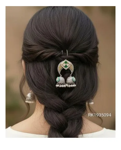 Fusion Hair Brooch Jhumka Hair Pin-Green