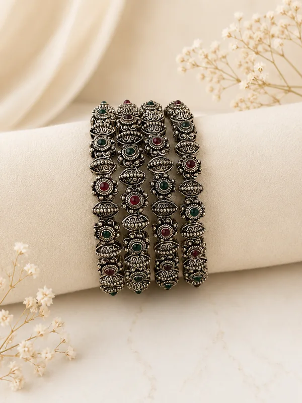 Oxidised Finish Stone & Pearl Designer Bangles