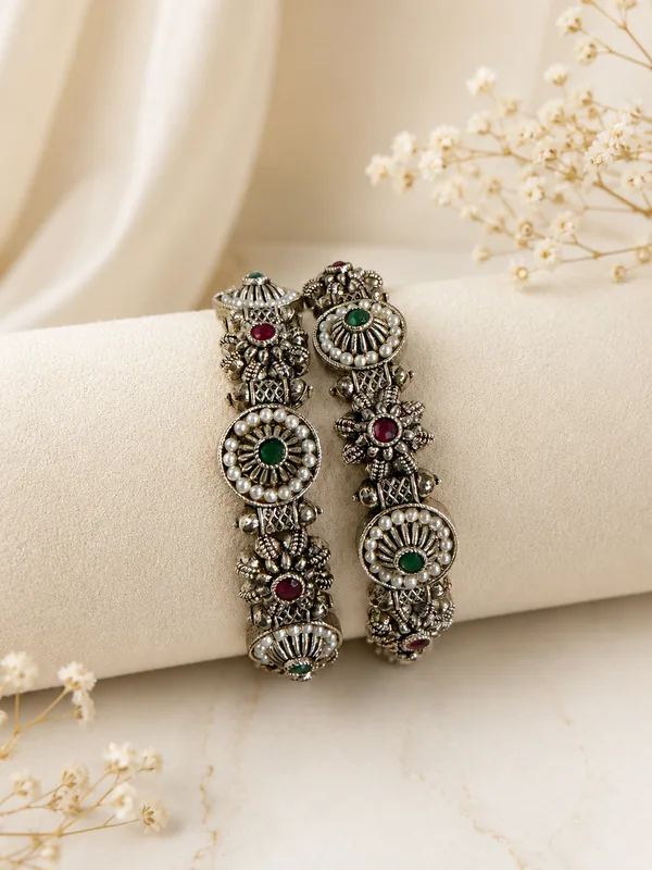 Oxidised Finish Stone & Pearl Designer Bangles pair