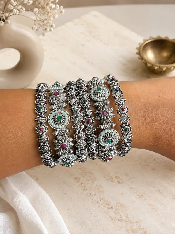 Oxidised Finish Stone & Pearl Designer Bangles (Size 2.8)