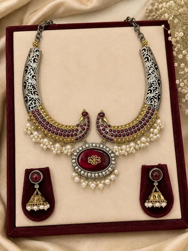 Ethnic Flower Dual Tone Jewelry Set