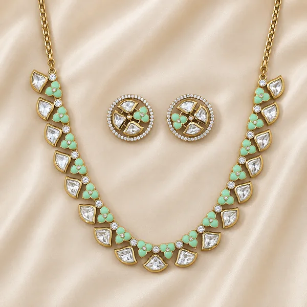 Kundan Classic Necklace Mint With Gold Plating