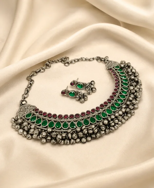 Oxidized Necklace Set-Green and Pink