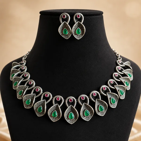 Oxidized Necklace Set-Green and Pink