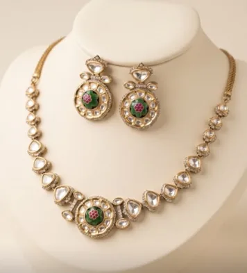 Kundan Necklace Mint Stone Gold Plating