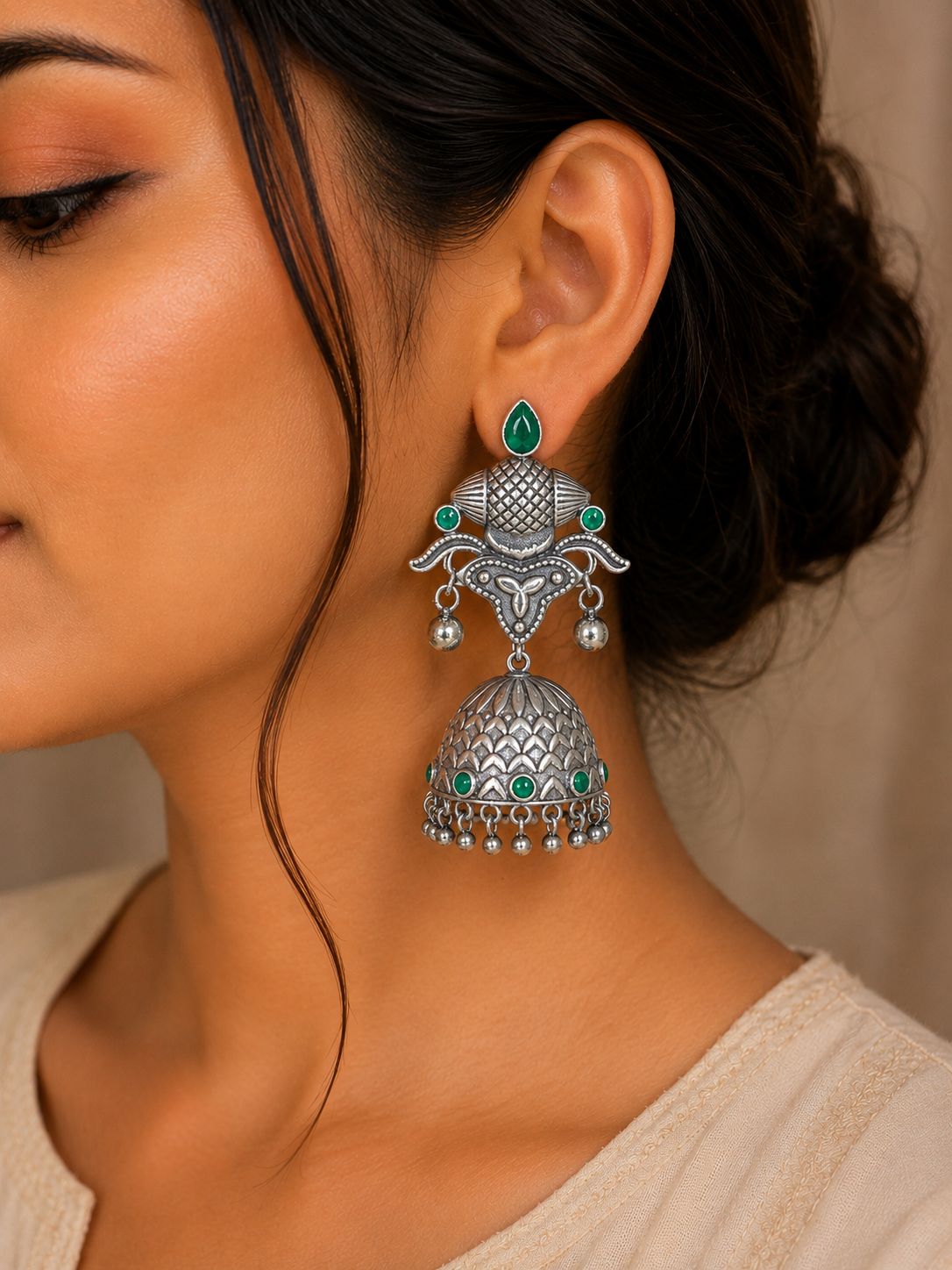 Oxidized Silver Stones jumka Earrings