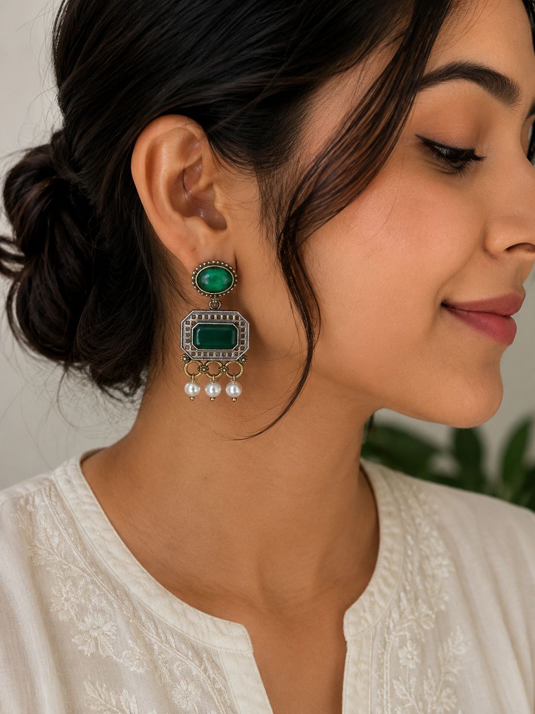 Oxidized Silver Pearl Drop Statement Earrings with Stones